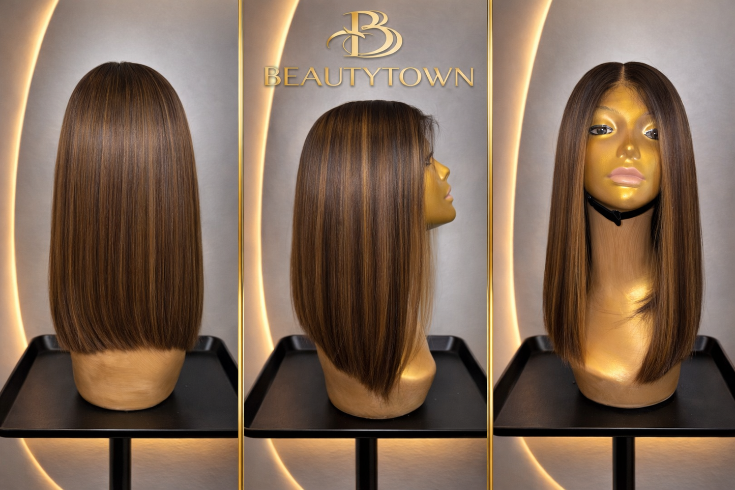 Silky straight brunette wig with soft caramel highlights