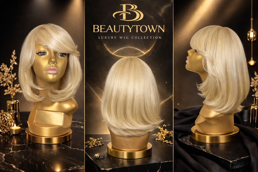 blonde banged up layered bob