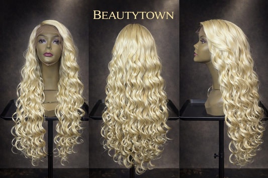 Platinum blonde lace front wig with soft, voluminous curls
