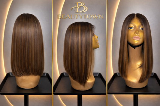 Silky straight brunette wig with soft caramel highlights
