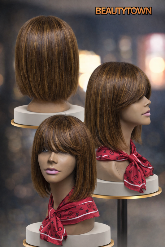 Sleek Caramel Bob with Bangs