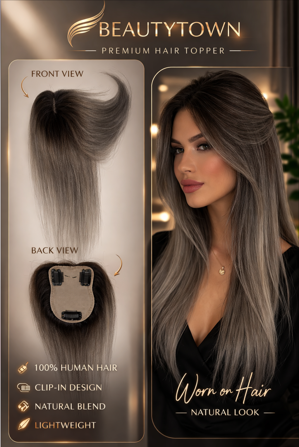 Clip-in hair topper/ Black-grey